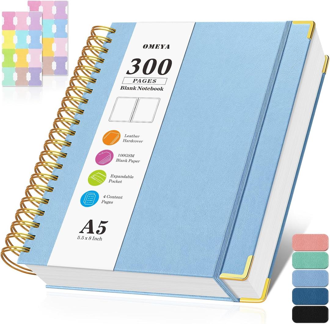 Blank Spiral Notebook: Leather Sketch Book, 300 Pages Hardcover Unlined Notebook for Women Men,100GSM Thick No Bleed Paper Journal, A5 Small Art Sketchbook for Drawing Writing, 5.5" x 8", Light Blue