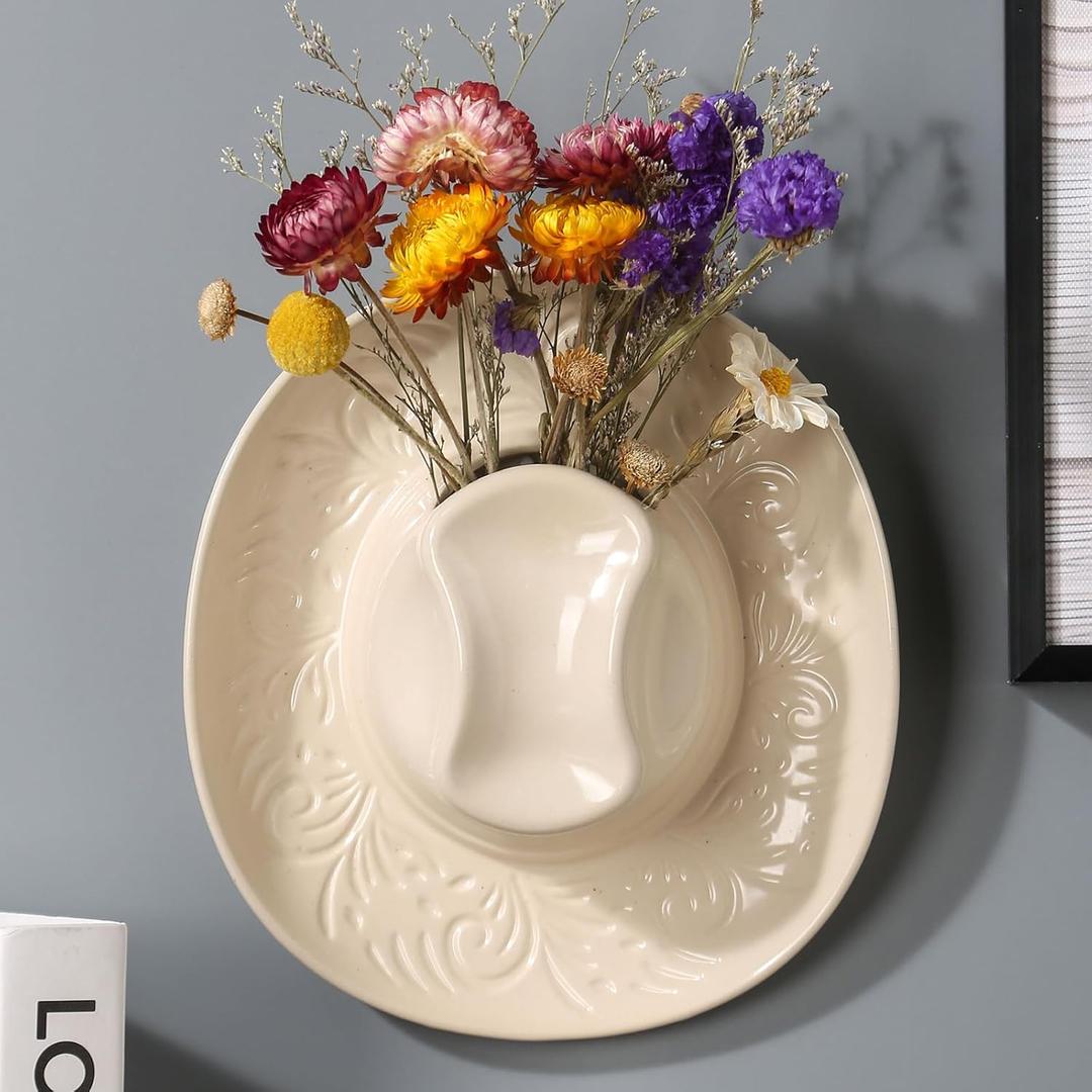 Hanging Wall planters for Indoor Plants, Ceramic Cowboy Wall vases for Flowers, for Bathroom, Living Room, Office, and Home Decor.7.9 x 7.2 x 2.4IN (White)