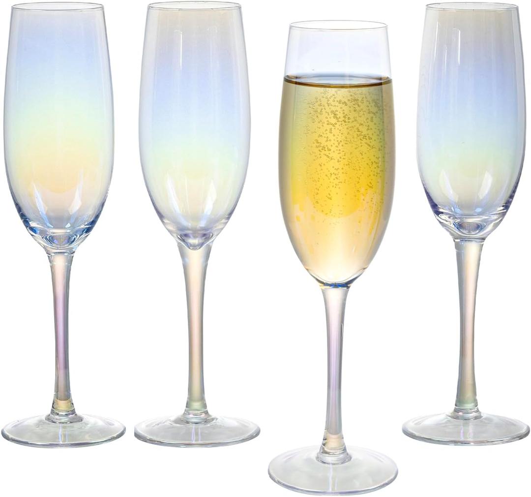 MyGift 7 oz Iridescent Stemmed Champagne Flute Glasses, Bubble Tone Rainbow Party Toasting Glasses, Set of 4 (Sky Blue)
