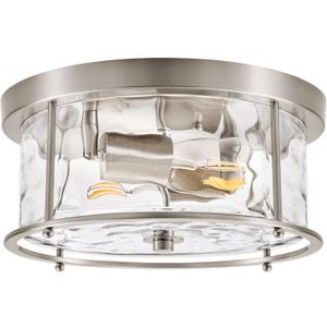 LamQee Flush Mount Ceiling Light with Clear Hammered Glass, Industrial 2-Lights Farmhouse Close to Ceiling Light Fixtures Round Low Profile Lights for Kitchen Hallway Foyer Entrance Bedroom Nickel