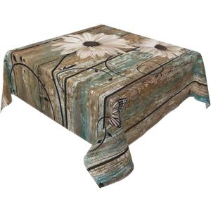 Sunflowers Tablecloth 54x54 Inch Square, Vintage Rustic Daisy on Wooden Board Table Cloth Farmhouse Spring Summer Decorations Floral Table Cover for Party Picnic Kitchen Dinner Decor Outdoor