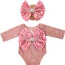 Zeroest Newborn Photography Props, Infant Girl Photoshoot Lace Romper & Bow Headband Outfit, Baby Photo Props for Newborns