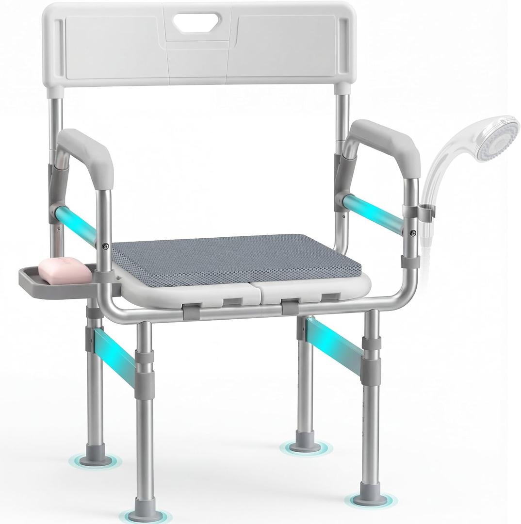 Folding Shower Chair for Inside Shower, Tub and Bathroom 440lb Weight Capacity - Height Adjustable Foldable Shower Chair for Elderly and Disabled - XXL Shower Seat with Arms, Back, Cushion & Shelf