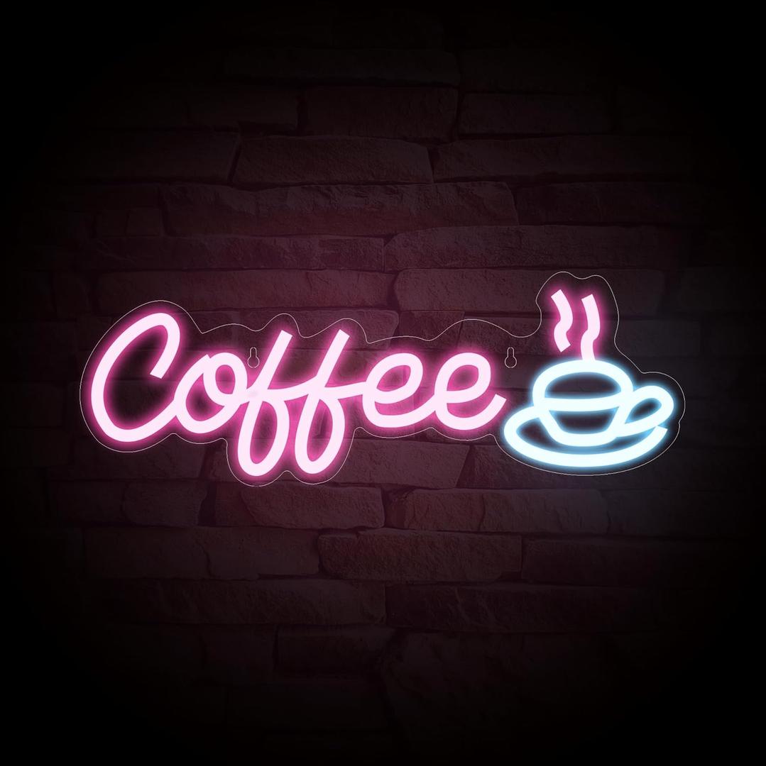 Neon LED Coffee Sign, 16.9"X 5.9", USB Powered with ON/OFF Switch, Hanging Chain, Wall Decor for Cafe, Restaurant, Shop Window, Business Hours Sign