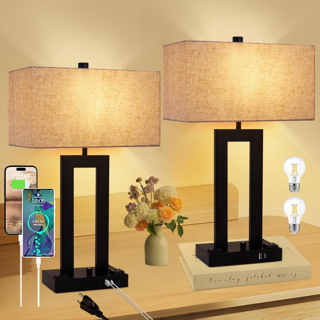 Modern Table Lamps Set of 2-22" Tall Bedside Lamps with USB-C/USB-A Charge Ports & Outlet, Stepless Dimmable Fabric Cream Shade Nightstand Lamps for Bedroom & Living Room