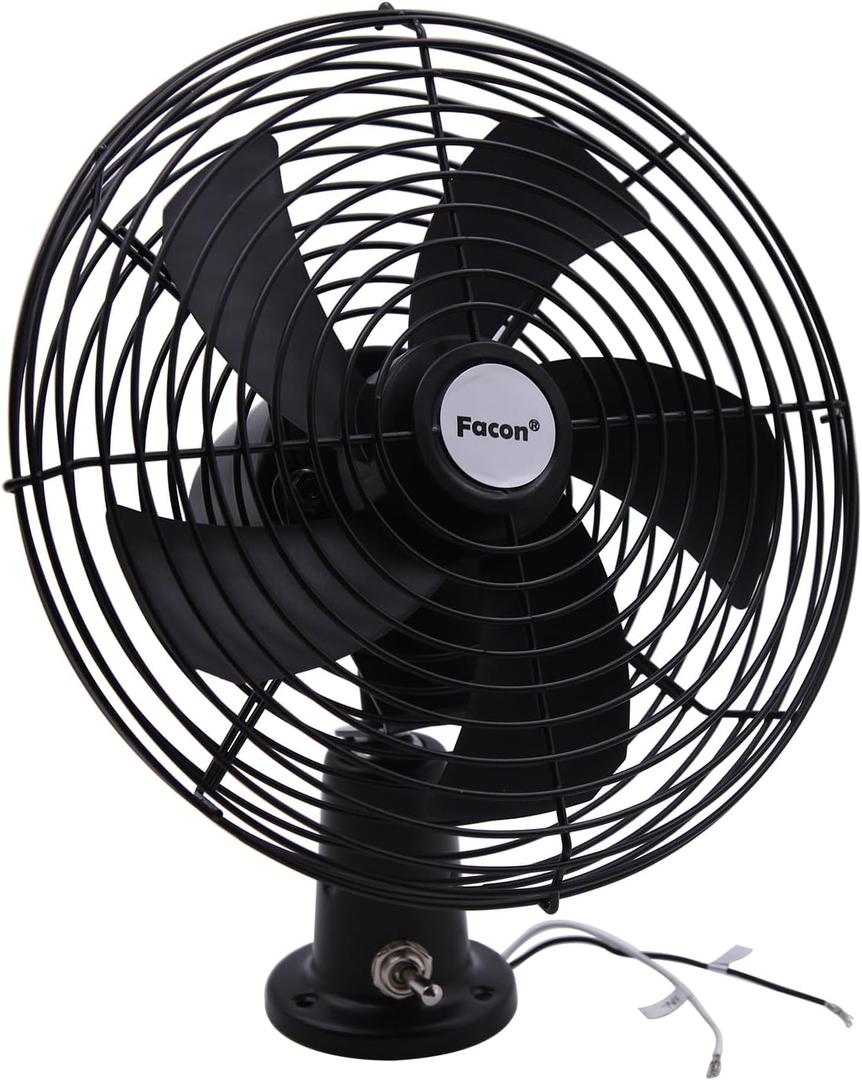Facon 12V RV Cooling Fan with 2 Speed Switch, Dia: 8-3/ 4’’, Heavy Duty Black Metal Car Fan, for Auto Truck, RV, Camper, Trailer, Car, Buses and Boats