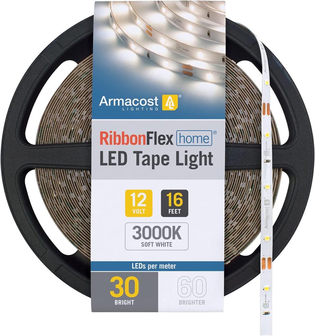 Armacost Lighting RibbonFlex Home 12V White LED Strip Light Tape 30 LED/m 3000K 16 ft (5m), 16.4 ft (5m) 141232