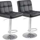 DUMOS Bar Stools Set of 2, Armless Adjustable Swivel Barstools, PU Leather Hydraulic Kitchen Counter Height Bar Stools, Thickened Seat Cushion Square Island Barstools with Back, Inky