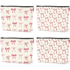 4PCS Pink Bow Makeup Bag, Coquette Preppy Cosmetic Bags Bow Gifts for Women Girls Pink Trendy Toiletry Bag Best Birthday Christmas Gifts for Girls Women Sister Travel Bags