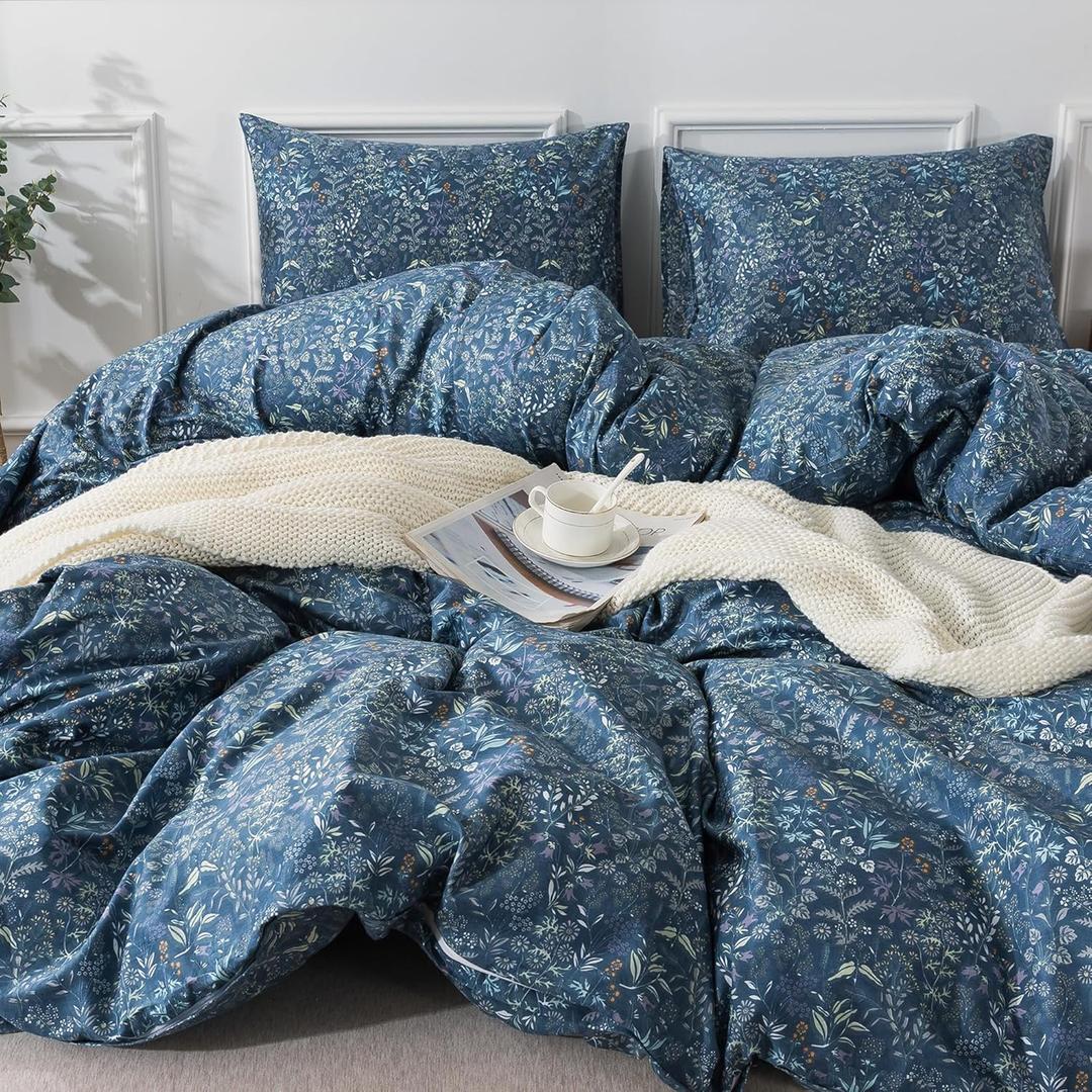 HoneiLife Duvet Cover Queen Size - 100% Cotton Comforter Cover Floral Duvet Cover Sets, Breathable Bedlinen Set with Zipper Closure & Corner Ties,3-pcs Wildflower Comforter Cover Sets (Queen/Full-90"x 90")