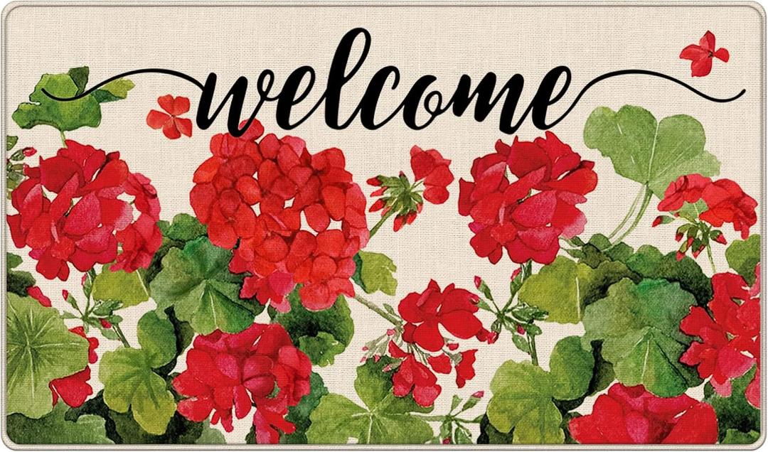 Doormat Welcome Spring Geranium Red Floral Flowers Funny Floor Mat Rug Non-Slip Entrance Indoor Outdoor Bathmat Kitchen Home Rugs Rubber 30 x 18 in