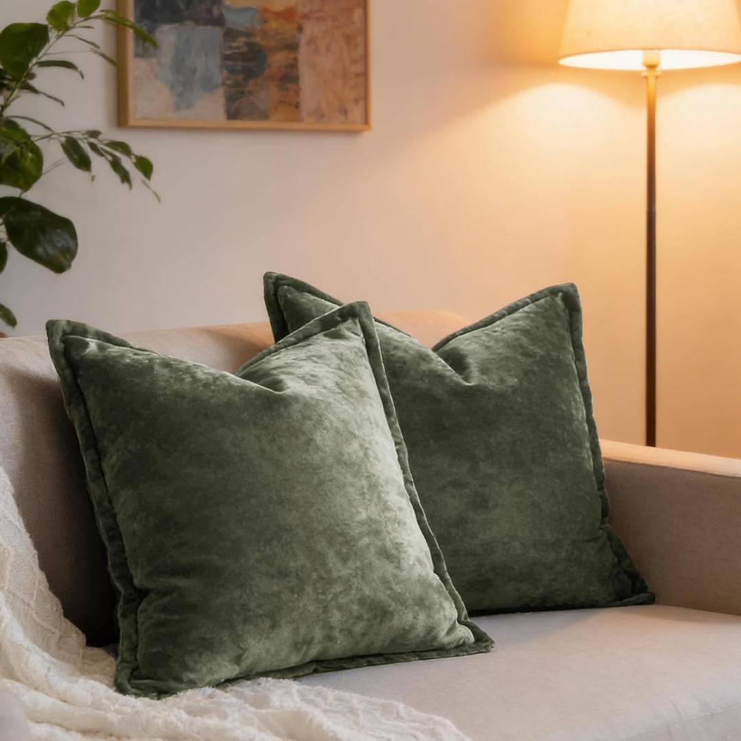 Luxurious Velvet Throw Pillow Covers 20x20 Set of 2 Decorative Pillow Covers Solid Square Cushion Case for Sofa Couch Bedroom Farmhouse, Army Green