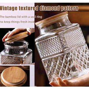 Large Glass Jar with Wood Lid and Spoon 60 OZ Square Thick Glass Storage Jars Airtight Lids Clear Decorative Vintage Canister for Food Candy Cookie Sugar Coffee Nuts Snack Dog Treat
