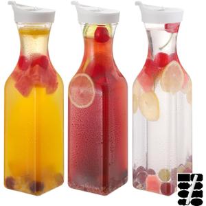 3-Pack 50 Oz Plastic Water Carafe Pitcher with Flip Top Lid, Square Base Juice Containers, Mimosa Bar Supplies Pitcher for Drinks, Water, Tea, Juice, Milk, Lemonade and Other Beverages