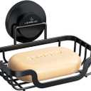 LEVERLOC Soap Dish, Soap Bar Holder for Shower Suction Cup Wall Mounted, Stainless Steel No-Drilling Removable Waterproof Sponge Holder for Bathroom Bathtub Kitchen Sink, Keep Dry, Black (5.7" * 4.8")