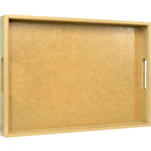 20 x 14 inches Leather Rectangle Serving Tray with Hole Handles,High-End Light Large Service Tray for Ottoman Tray, Tea, Food, Butler - Countertop, Kitchen,Family Dinner, Picnic (Brown)