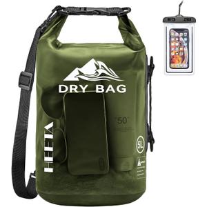 HEETA Waterproof Dry Bag for Women Men, Roll Top Lightweight Dry Storage Bag Backpack with Phone Case for Travel, Swimming, Boating, Kayaking, Camping and Beach, Transparent Pitch Green 10L