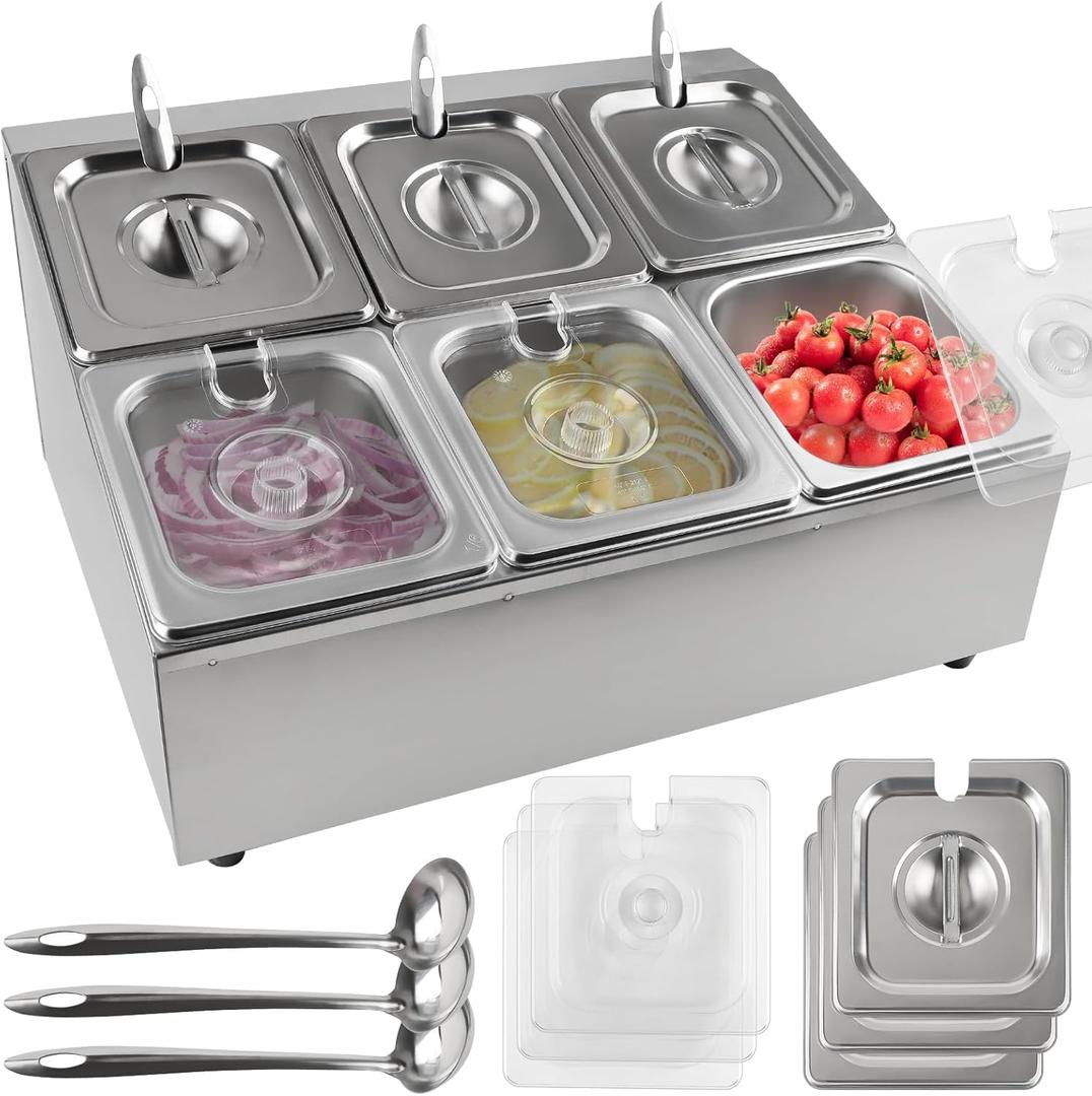 6 Pans Spice Rack Shelf 2 Row Stainless Steel Spice Organizer Stand with Lids Spoons Countertop Inclined Holder Buffet Containers Set for Sauce Jam Fruits Ingredient Kitchen Restaurant Pantry