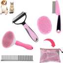 Dog Grooming Kit - Deshedding Brush for Short Hair, Slicker Brush, Flea Comb, Puppy Brush Set in Pink