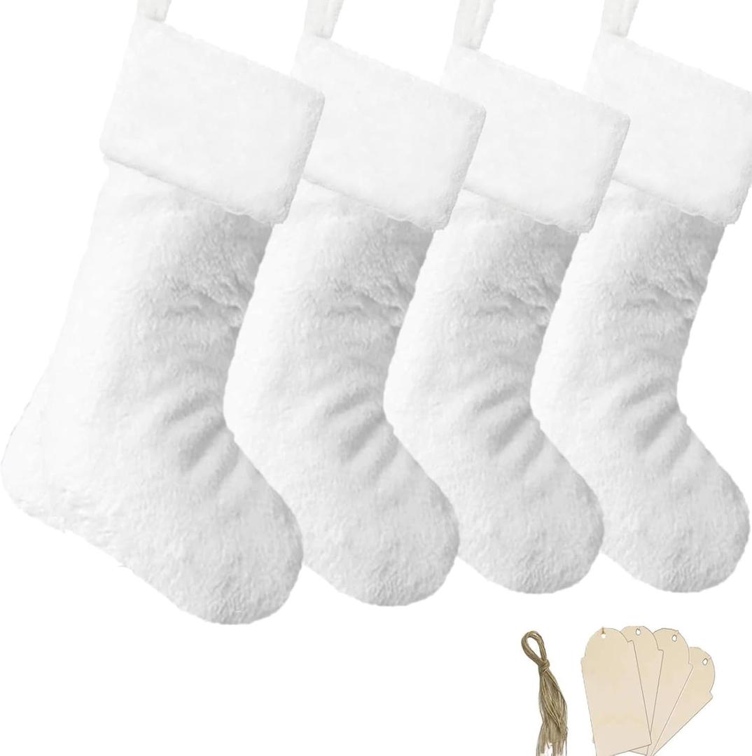 Christmas Stockings 4 Pack, 19 Inch White Faux Fur Family Christmas Stockings Set of 4, Holiday Xmas Farmhouse Fireplace Hanging Stocking Christmas Decorations