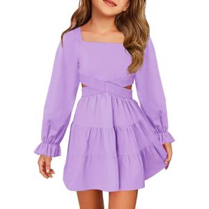 Haloumoning Girls Dresses Long Sleeve Square Neck Crossover Waist Casual A-Line Spring Fall Dress 5-14Y (S)