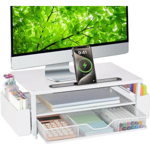 AUPSEN White Monitor Stand Riser, 2-Tier Wood Computer Desk Organizer with Drawer, Pen Storage & Phone Holder, Office Desk Accessories Desktop Organizer for Office Supplies