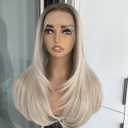 Layered Wig Lace Front Wig Ombre Ash Blonde 13x4 HD Glueless lace Straight Synthetic Lace Wigs with Dark Roots Middle Part Pre Plucked Premium Fiber Hair Lace Wig for Women 22 Inch