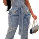 Mandonce Denim Jumpsuit for Women Halter Wide Leg Ripped Jean Jumpsuits for Women with Belt Casual Denim Romper (Large, Blue)