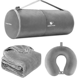 Travel Blanket and Pillow- Premium Soft Airplane Blanket with Durable Travel Bag, Hand Luggage Belt Compact Pack Large Blanket for Travel (Gray)