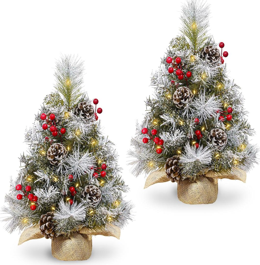 2 Pack 24 Inch /2FT Tabletop Christmas Tree, Snowy Flocked Artificial Small Christmas Trees Timer 30 Warm White Lights Battery Operated Pine Cones Red Berried, Mini Xmas Tree for Indoor Home Decor