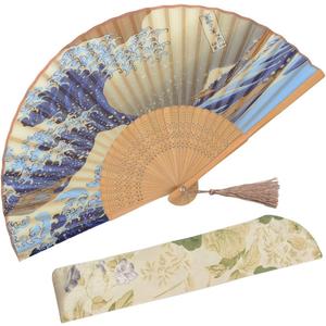 OMyTea "Landscape 8.27"(21cm) Folding Hand Held Fan - with a Fabric Sleeve for Protection for Gifts - Japanese Vintage Retro Style (Kanagawa Sea Waves)