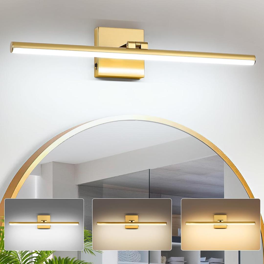 BrkNit LED Bathroom Vanity Light, Modern Bathroom Light Fixture Over Mirror (3000K/4000K/6000K, Dimmable), Vanity Light Bar with Angle Adjustable, 24 Inch, Brass