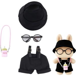 4-Piece 17cm Doll Clothes Set Clothes for Dolls Black Overalls, Fisherman Hat, Glasses & Pendant  17cm Doll Overalls Accessories Only