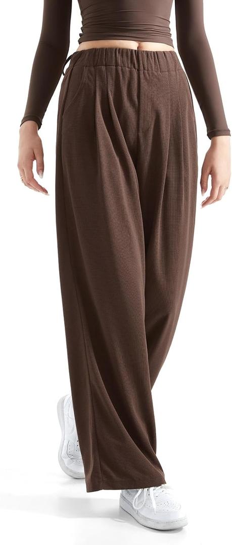 SUUKSESS Women Wide Leg Pants Elastic High Waisted Work Pants Flowy Palazzo Pants (Brown, XS)