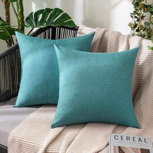 MIULEE Pack of 2 Decorative Outdoor Solid Waterproof Throw Pillow Covers Faux Linen Garden Farmhouse Coastal Cushion Cases for Summer Patio Tent Balcony Couch Sofa 18x18 Inch Turquoise