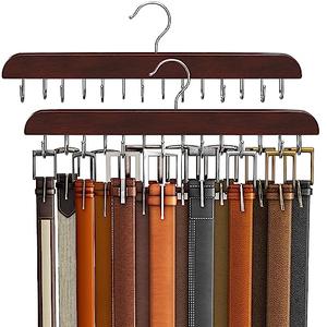 Belt Hanger for Closet, Sturdy Wood Belt Rack Closet Accessories with 14 Hooks Belt Organizer for Closet Organizers and Storage Max 42 Belts-Mahogany, 2 Pack