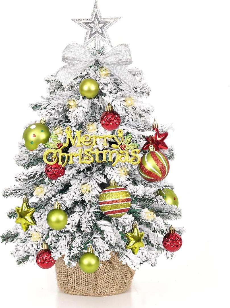 Waipfaru Mini Christmas Tree With Light, 24in/2FT Small Table Top Tree, Grinchs Snow Flocked With Balls, Star Tree Topper and Cloth Bag Base for DIY Winter Decorations