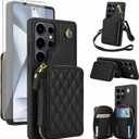 Phone Case for Samsung Galaxy S24 Ultra 5G Wallet Cell Cover with Tempered Glass Screen Protector Wrist Crossbody Strap RFID Blocking Credit Card Holder TPU S24Ultra 24S S 24 24Ultra Women Girls Black