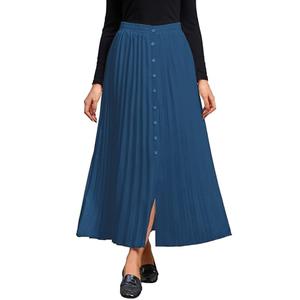 MAKABO Women's Maxi A Line Skirt with Slit Summer, Vintage Elegant Pleated Long Skirt Prussian Blue Outfits for Date Night, S