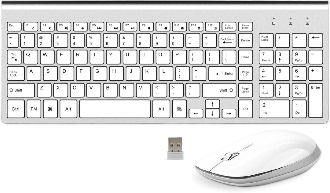 FENIFOX Keyboard and Mouse Wireless, USB 2.4GHz Combo Silent Quiet Low Profile Compact Full Size Flat Slim Thin Portable with Number Pad Soft Cover for PC Laptop Computer Office - White & Silver