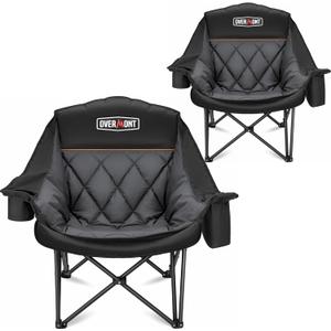 Overmont Oversized XL Camping Chair for Adults - 400lbs Support Heavy-Duty Padded Folding Chair with Side Pocket Cup Holder Cooling Bag for Outdoor Sports Garden Beach Fishing Lawn Black 2pcs