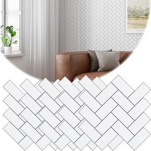 Peel and Stick Backsplash, 20-Pack Thickened Stick on Herringbone Tiles, Faux Ceramic Tiles for Kitchen, Bathroom, White