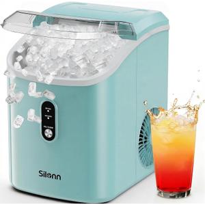 Silonn Nugget Ice Maker Countertop, Chewable Pellet Ice Machine with Self-Cleaning, Portable Pebble Ice Maker with Ice Scoop for Home, Kitchen & Office, Green