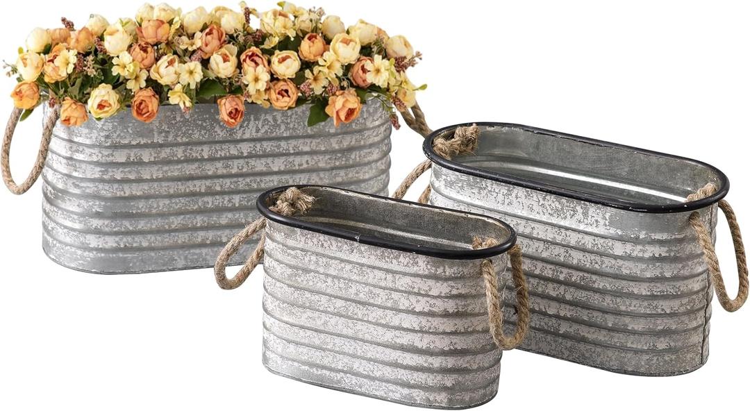SOFE Rustic Galvanized Tub Small Oval Planter Set of 3, Planters for Indoor Plants, Metal Bucket with Rope Handles, Farmhouse Indoor Plant Pot Home Decor for Outdoor Garden