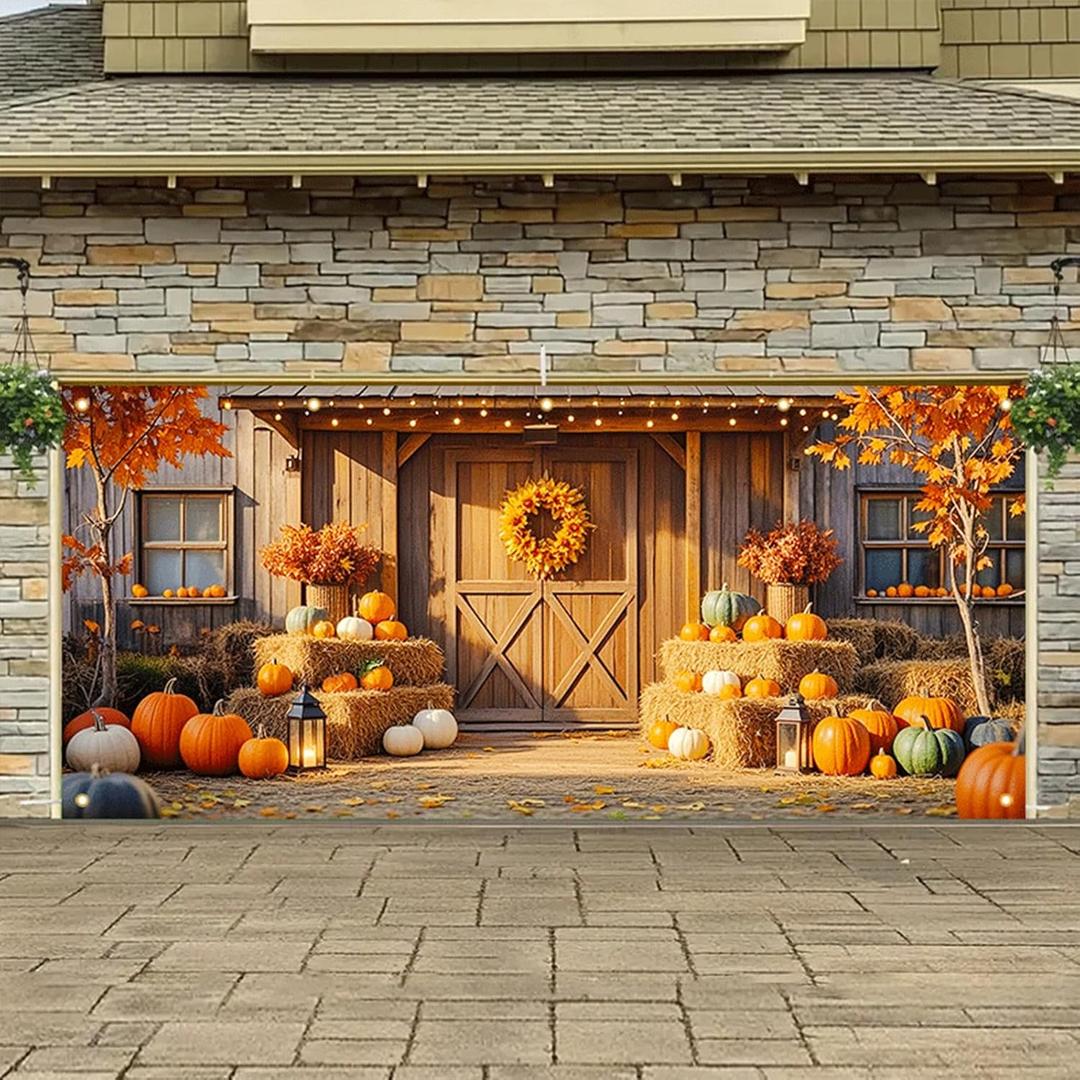 Thanks Giving Garage Door Banner 13x6ft Fall Thanksgiving Theme Backdrop Autumn Farmhouse Backdrop Decor with Pumpkins Hay Bales Photo Prop Background for Outdoor Thanksgiving Yard Decor