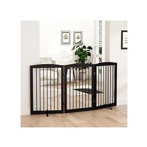PUPETPO Freestanding Pet Gate for Dogs, Foldable Wooden Dog Gate for House Indoor, Tall Pet Fence for Stair, Doorway,Hall, Support Feet Included, 3 Panels 32",Brown