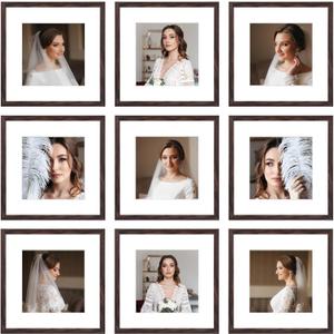 12x12 Picture Frame Set of 9, Display Pictures 8x8 with Mat or 12x12 without Mat, Multi Collage Gallery Square Photo Frames for Wall or Tabletop, Brown