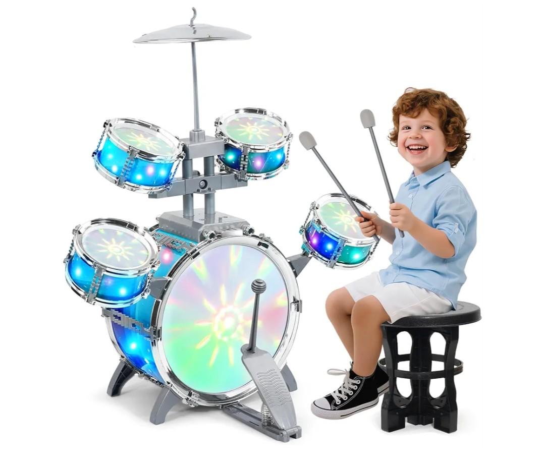 Drum Set for Kids 1-3, Jazz Drumset for Toddler 3-5 Vibrant Aurora Light with 5 Pcs High Drums, Musical Instruments Toy for Age 5-7 Year Old Boys Girls