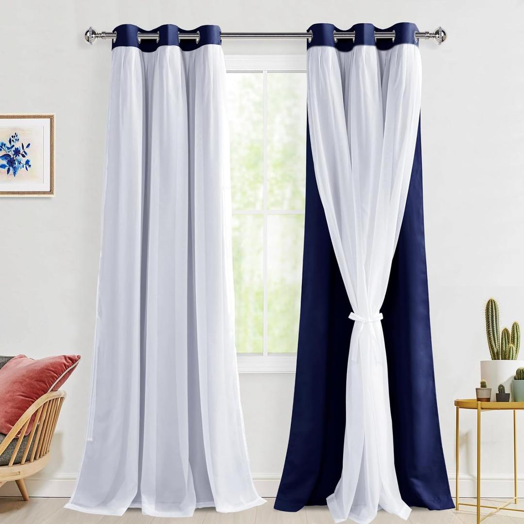 Hiasan Blackout Curtains with White Sheer Overlay, Mix & Match Double Layer Thermal Insulated Grommet Top Window Curtains for Bedroom, Living Room, 2 Drape Panels with Tiebacks,Navy Blue,42W X 96L