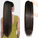 SEIKEA Ponytail Extensions Drawstring Long Straight Fake Pony Tail Natural Soft Clip in Hair Extension Synthetic Heat Resistant Hairpiece 28 Inch Ombre Black Roots Black Caramel Blonde Highlights (28 Inch 155G (Pack of 1))